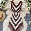 Joskaa 2025 Women's Striped Patchwork Knitted V-Neck Sleeveless Bodycon Asymmetric Fringe Hem Dress Holiday Beach Streetwear