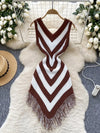 Joskaa 2025 Women's Striped Patchwork Knitted V-Neck Sleeveless Bodycon Asymmetric Fringe Hem Dress Holiday Beach Streetwear