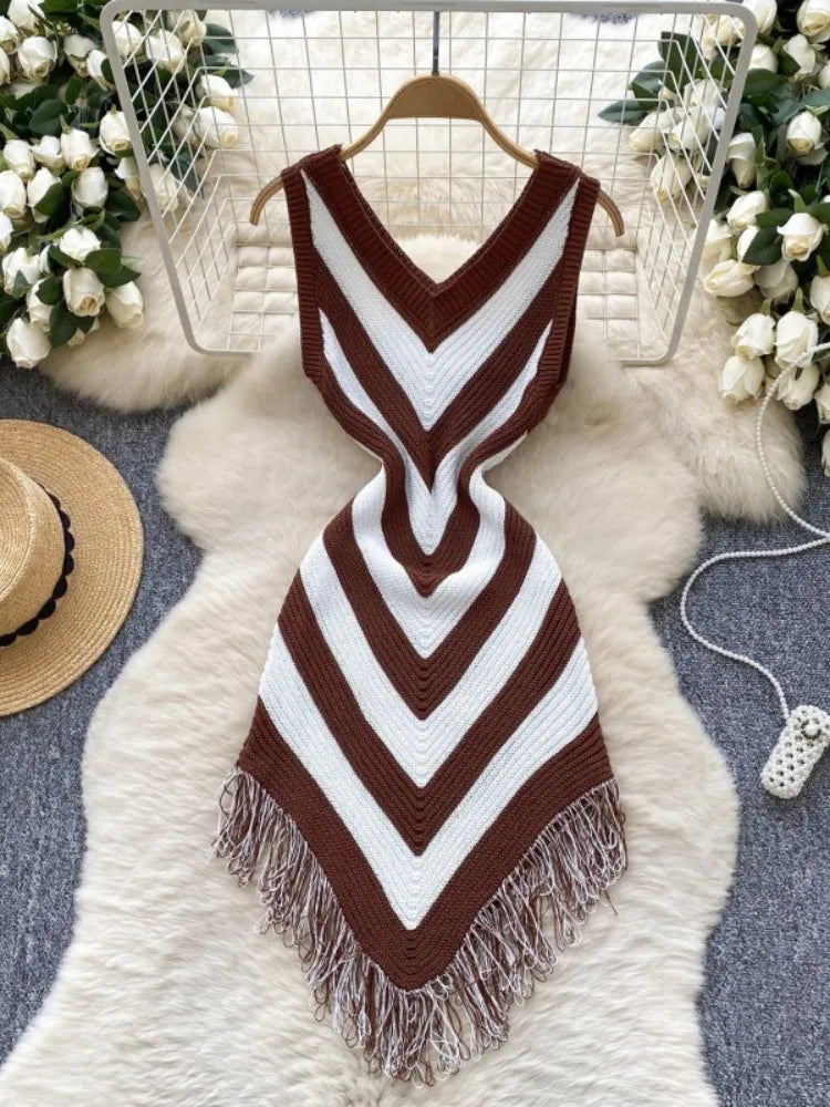 Joskaa 2025 Women's Striped Patchwork Knitted V-Neck Sleeveless Bodycon Asymmetric Fringe Hem Dress Holiday Beach Streetwear
