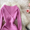 YuooMuoo Autumn Winter 2025 Women Dress Elegant Cross V-neck Slim Waist Knitted Bodycon Dress Korean Office Lady Vestidos