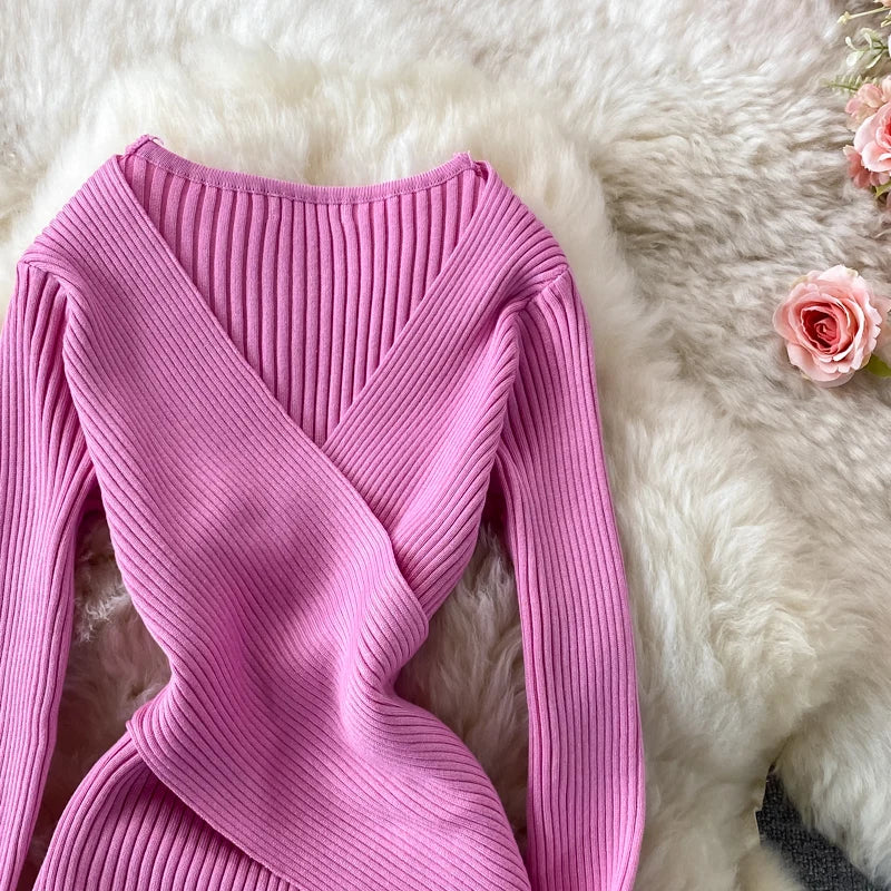 YuooMuoo Autumn Winter 2025 Women Dress Elegant Cross V-neck Slim Waist Knitted Bodycon Dress Korean Office Lady Vestidos