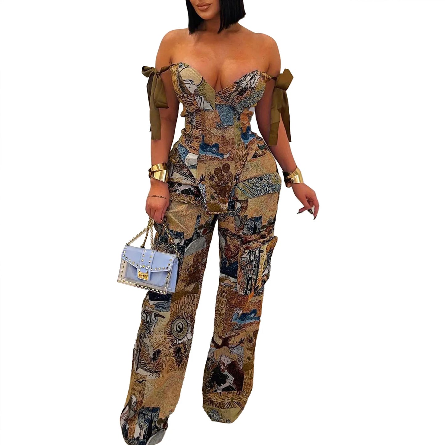 Two Pieces Women Pant Sets Print Matching Set Drawstring Pockets Sleeveless Top Elastic Waist Pants Slim Fit Casual 2026 Spring