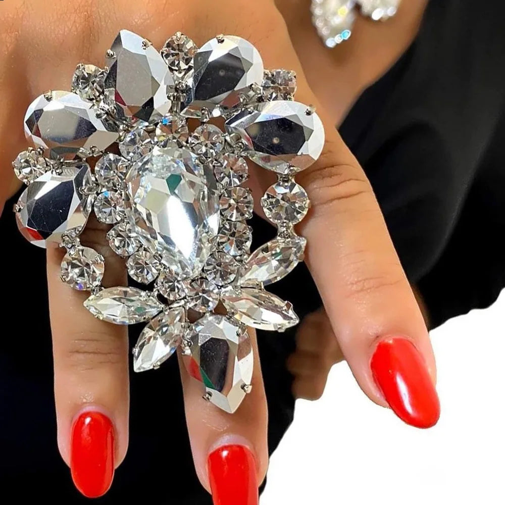 XSBOSY Exaggerated Crystal Open Rings Adjustable Jewelry Women Wedding Rhinestone Big Gemstone Finger Rings Party Accessories