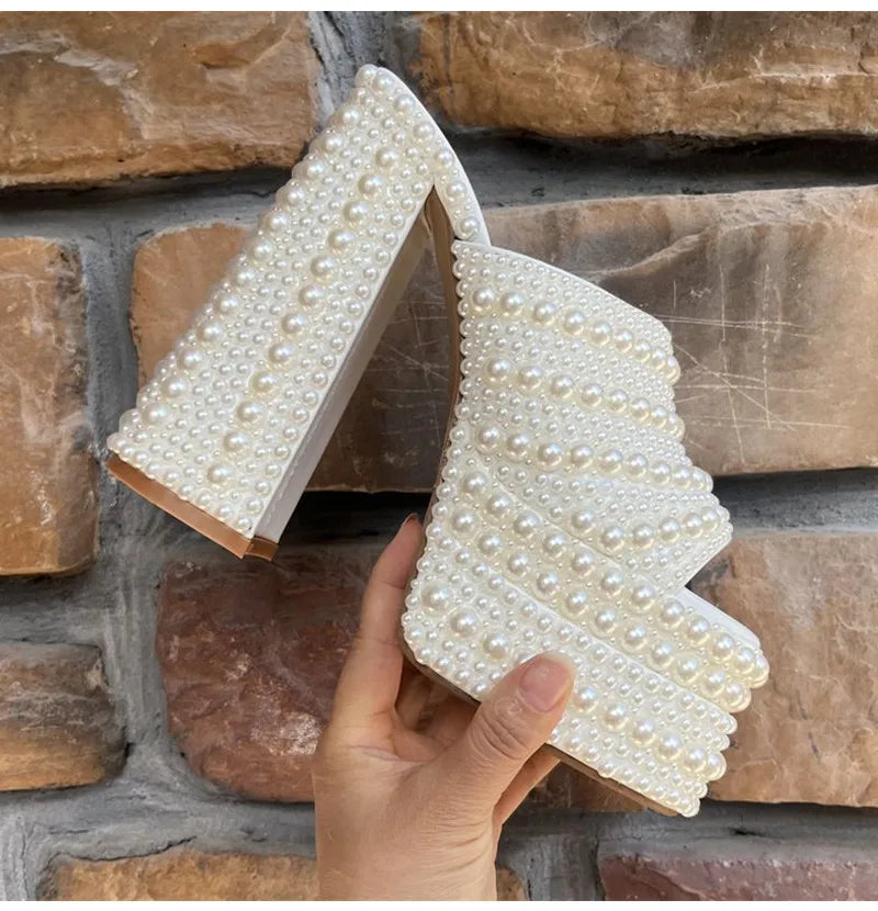 Luxuriöse handgefertigte Plateau-Keilsandalen mit Vollstrassteinen für Damen, modische Sommer-High-Heels, Pantoletten, klobige Schuhe