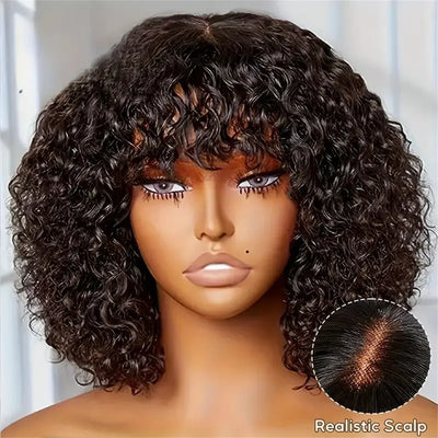 2x1 Lockiger kurzer Bob Perücke Echthaar mit Pony Lace Glueless Lockige Bob Perücken Echthaar Perücke Naturfarbe für Frauen 180% Dichte