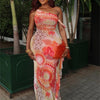 Nibber Beach Vacation Dress Women Colorful Print Sexy Trend See Through Rope Diagonal Collar Patchwork Stretch Party Bodycon