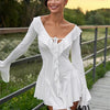 Ruffled Lace-Up White Mini Dress Women's V-Neck Patchwork Long Sleeve Sexy Slim Dress Bandage Elegant Female Summer Dress