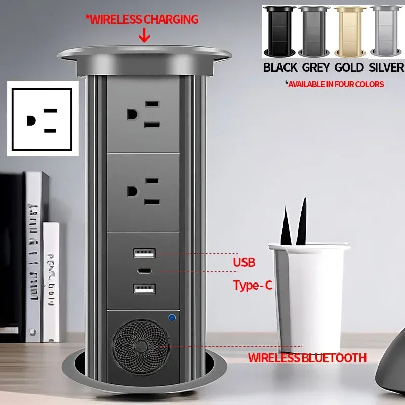 Motorized Lifting Pop Up Tower Power Outlet Hidden Mounted Kitchen Worktop USB Type C Socket with Speaker Wireless Charging