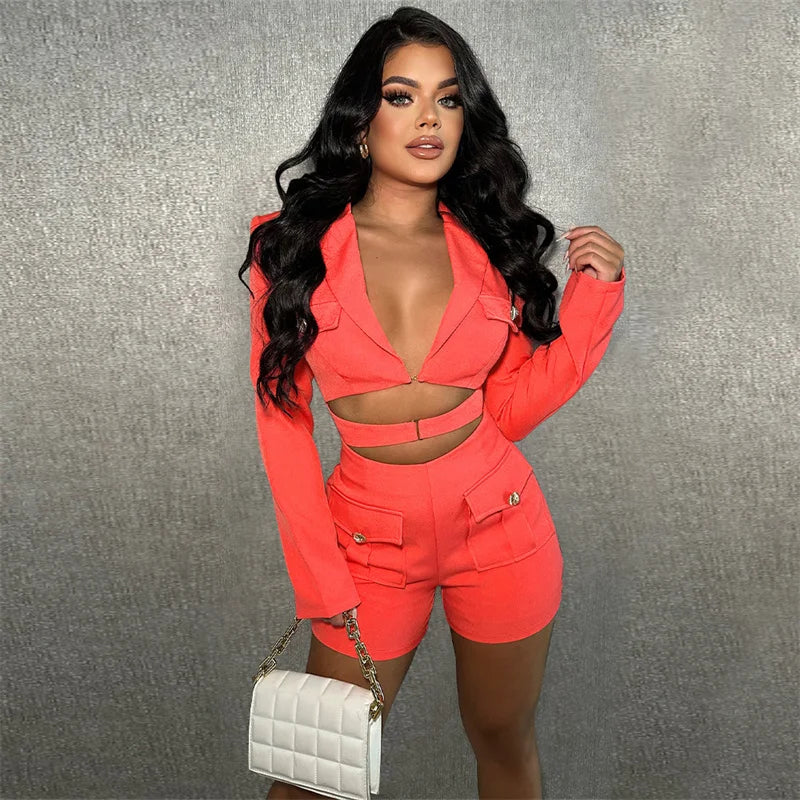 Elegante stilvolle Blazer-Strampler Damen Jumpsuit Shorts Langarm Hohl Bodycon Playsuit Einteiler Club Outfits