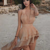 Weird Puss Tierred Tassel Dress Women Backless Sleeveless Halter Gradient Color Lace Pleated Sexy Beach Vacation Party Bodycon