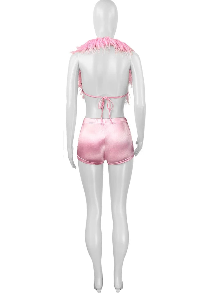 Kricesseen Women's Furry Suits Set 2 Piece Outfits Summer Halter V Neck Backless Crop Top And Stain Matching Shorts Set Clubwear