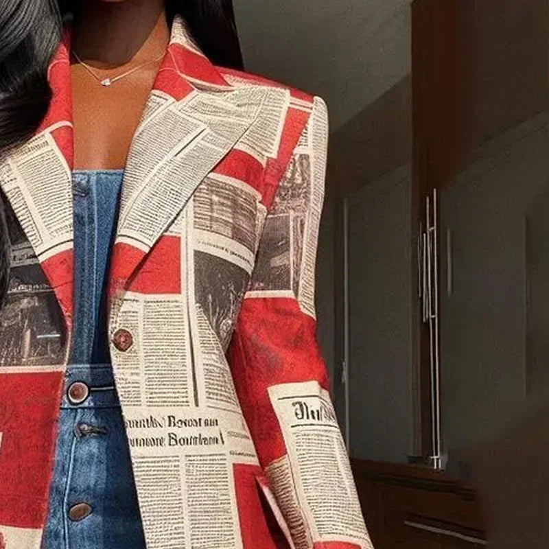 Yeezzi Damen Blazer mit gekerbtem Revers 2025 Neu Frühling Langarm Fashion Zeitungsdruck Urban Casual Streetwear Oberbekleidung