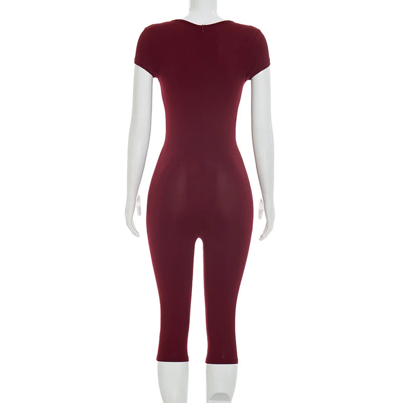 Solid Color Sexy Slim Fit and Slimming Chest U-Neck Jumpsuit, Versatile and Fashionable Jumpsuit Cropped Pants