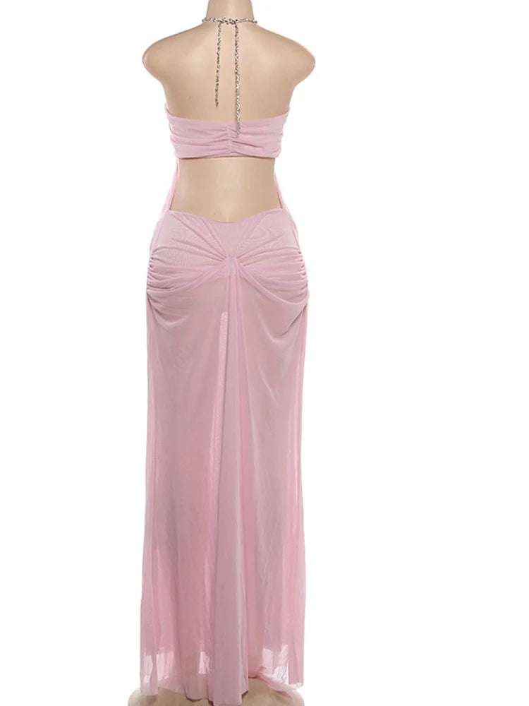 Beyprern Sexy Rhinestone Chain Halter Backless Maxi Dress Women 2026 Summer Cut Out Ruched Club Vestidos Bodycon Long Dresses