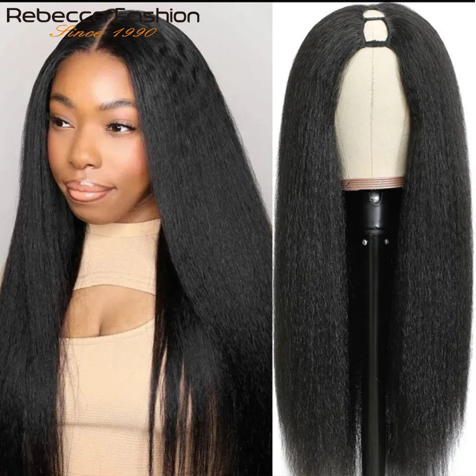 Yaki Straight U-Part-Perücken für schwarze Frauen, Kinky Straight U-Part-Perücke Echthaar Kurz Schwarz Braun U-Part-Perücke Kinky Straight Clip