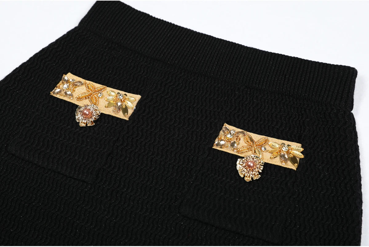 High Quality New Fashionable Elastic Knitted V-neck Luxurious Exquisite Nail Bead Piece Cardigan Slim Fit Short Skirt Women Set