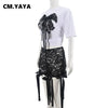 CM.YAYA Women's Set Bow O-Neck short sleeve Tops and lace Shorts Suits Streetwear Casual Two 2 Piece Outfits Tracksuits Summer