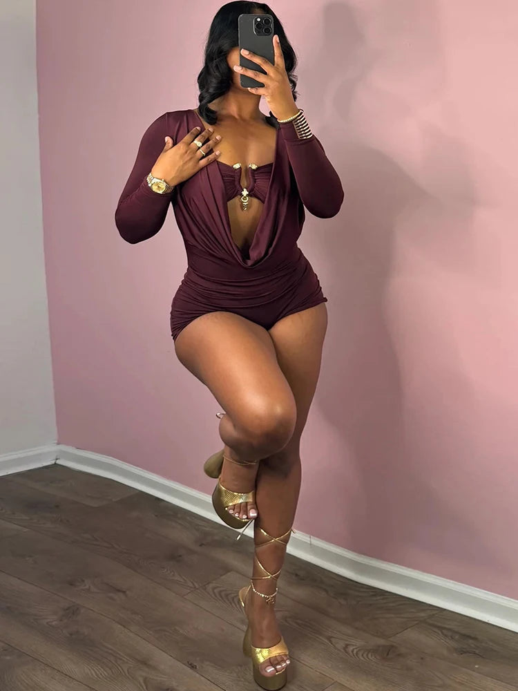 Insglas Frühling Trend Schwingkragen Sexy Damen Jumpsuit + Metallschnalle BH Hipster Midnight Party Neues Workout Fit Coquette Playsuits