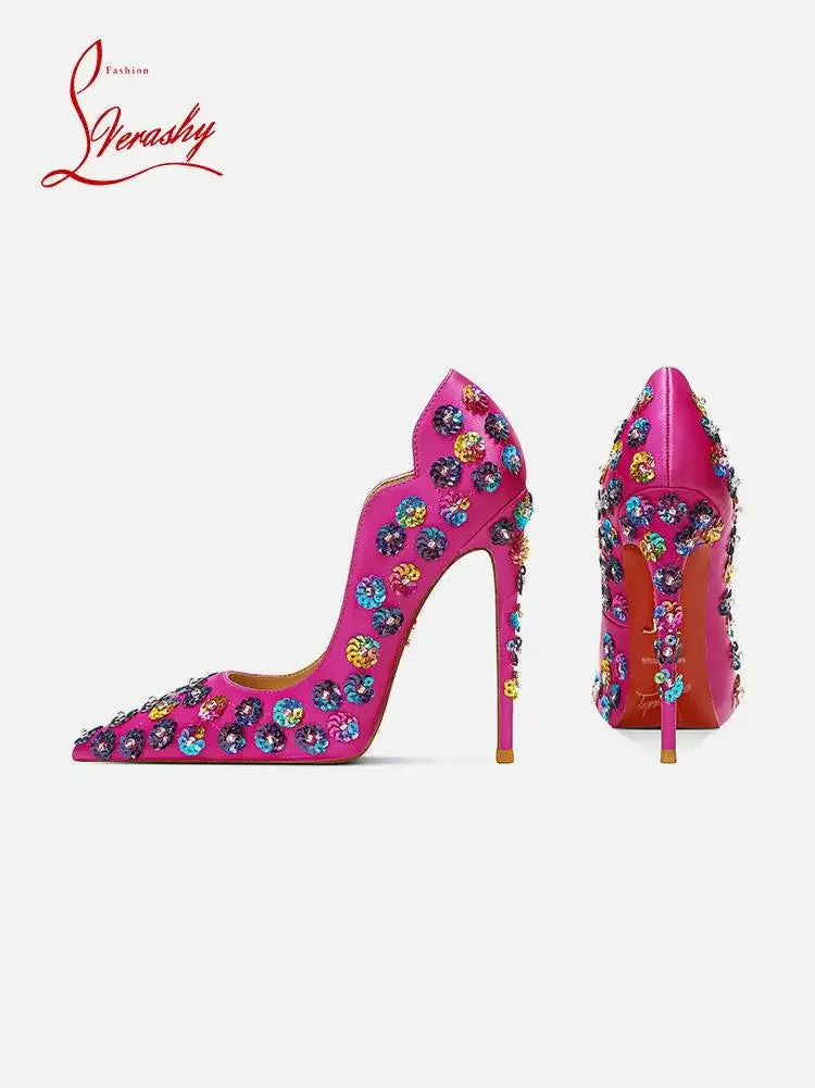 2025 Spring New High Heels Women's Embroidered Beaded Black Sexy Queen's Heel 10-12cm Pointed