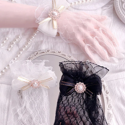 Mädchen Lolita Mesh Schleife Blumen Spitzenhandschuhe Schwarz Weiß Spitzenhandschuhe Lolita Spitzenärmel Cosplay Schmuck