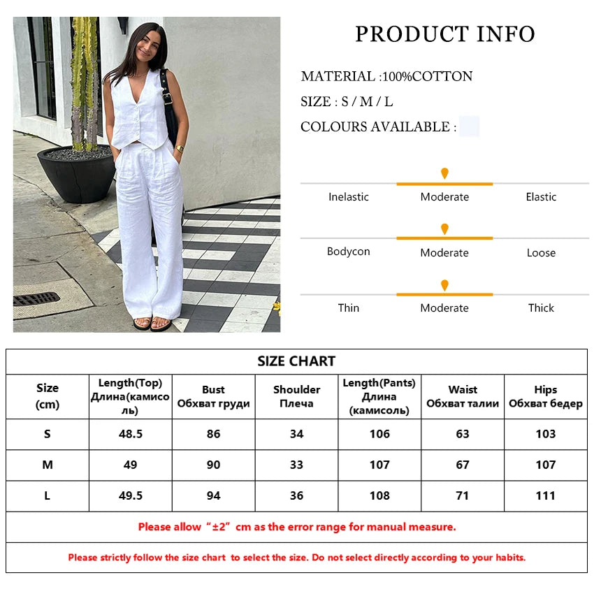 Clacive Summer White Linen Two Piece Set For Women 2023 Fashion Sleeveless Tank Top New In Matching High Waist Wide Pants Set