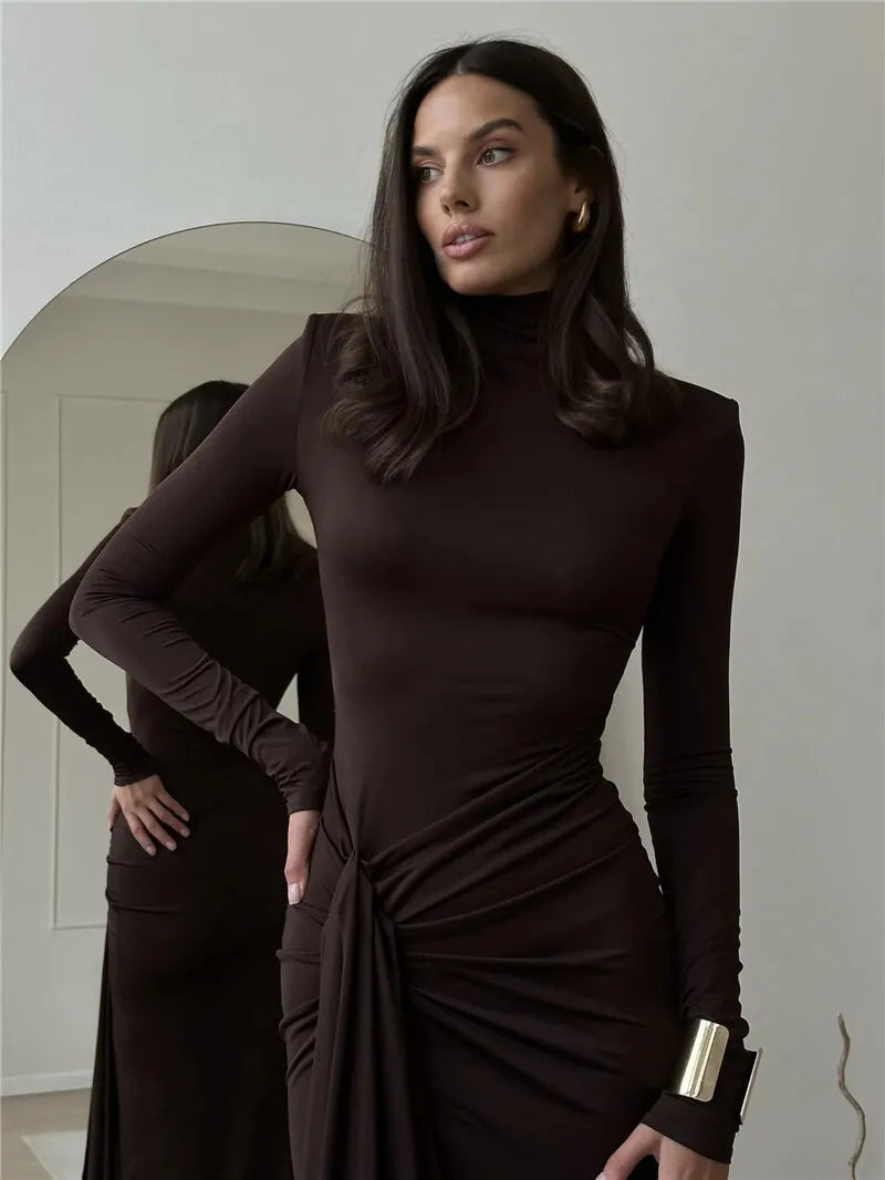 Mozision Rollkragen Oberschenkelhohes Schlitz Sexy Maxikleid für Damen Mode Langarm Drapierte Bandage Bodycon Club Langes Kleid