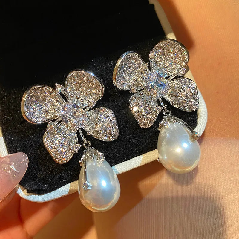 Zircon Pearl Temperament Flower Luxury Exquisite Earrings