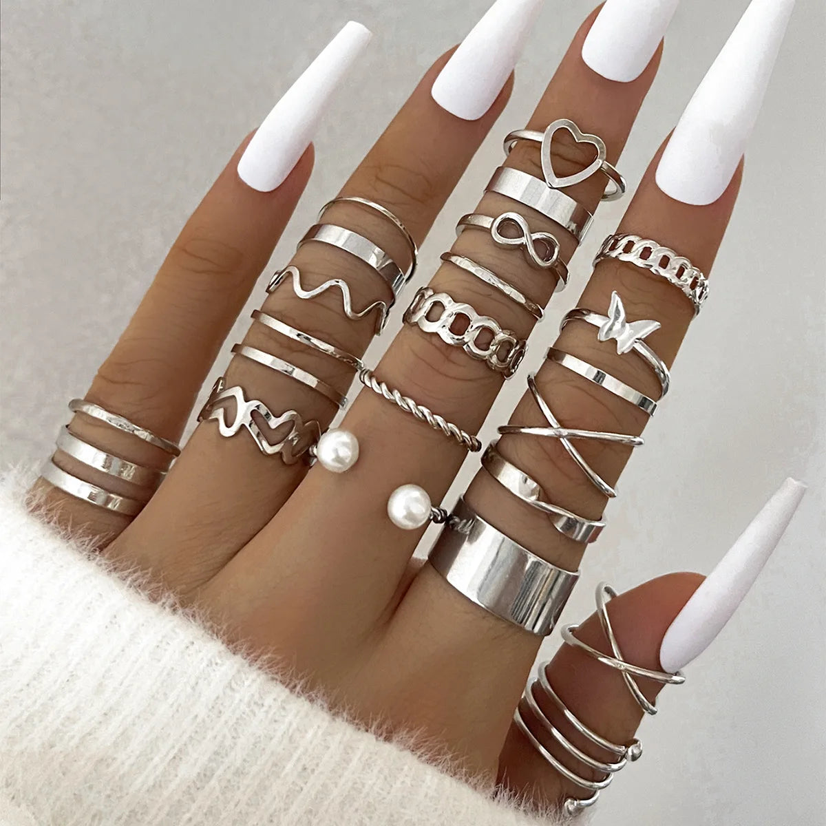 Silver Color Geometric Knuckle Rings Set For Women Eye Cross Sun And Moon Leaf Charm Finger Ring Female Boho Party Jewelry