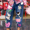 Chic Women Spring Floral Embroidery Diamonds Beaded Holes Denim Pants High Waist Loose Rhinestones Jeans Cowboy Broken Trousers