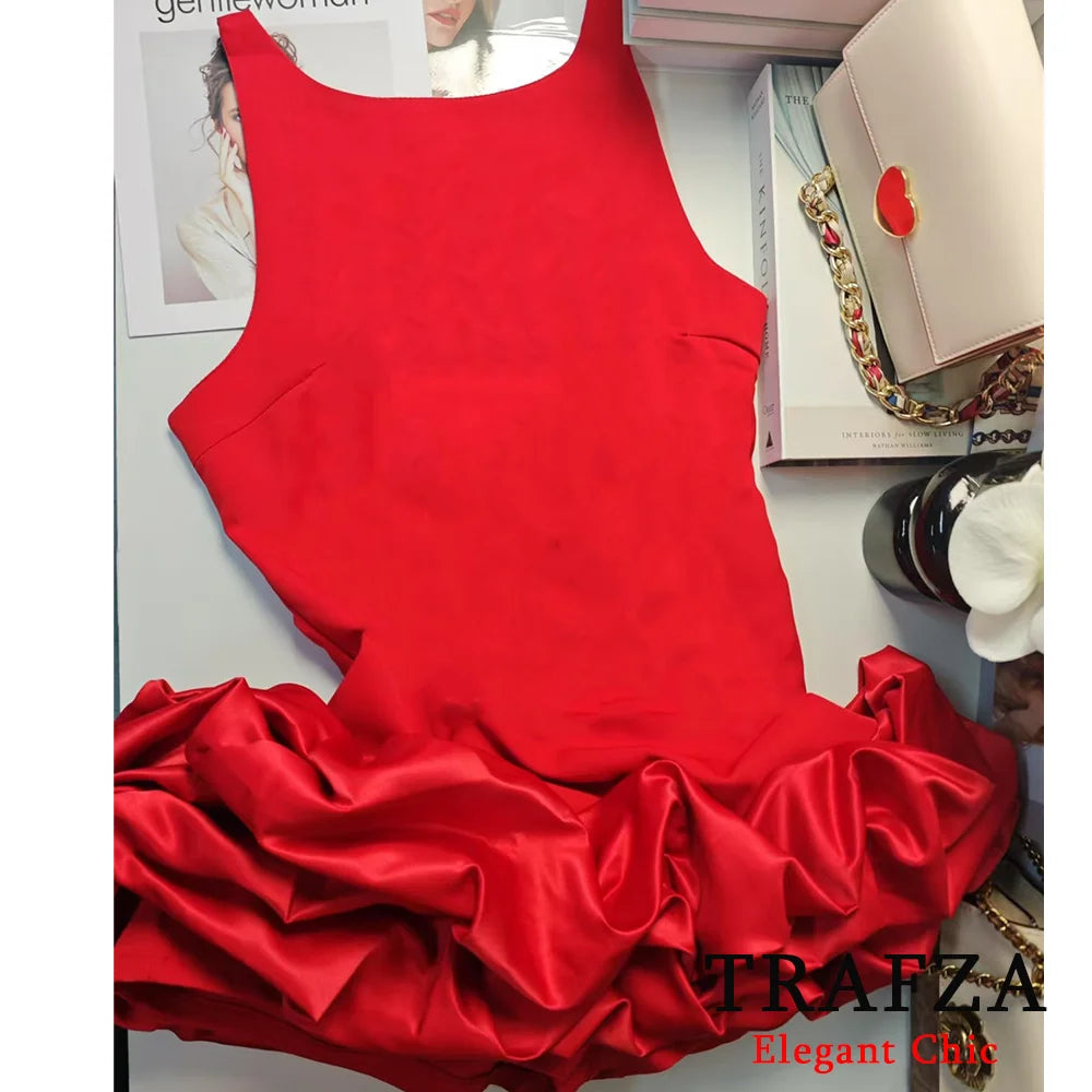 TRAFZA Sexy Solid White Flower Bud Tierred Red Mini Dress Safety Pants Women Dress New 2025 Spring Autumn Fashion Party Dress
