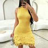 Women's Yellow Sleeveless Mock Neck Crochet Knit Fringe Sundress Bodycon Mini Dress Stretchy Summer Beach Party Club Outfits