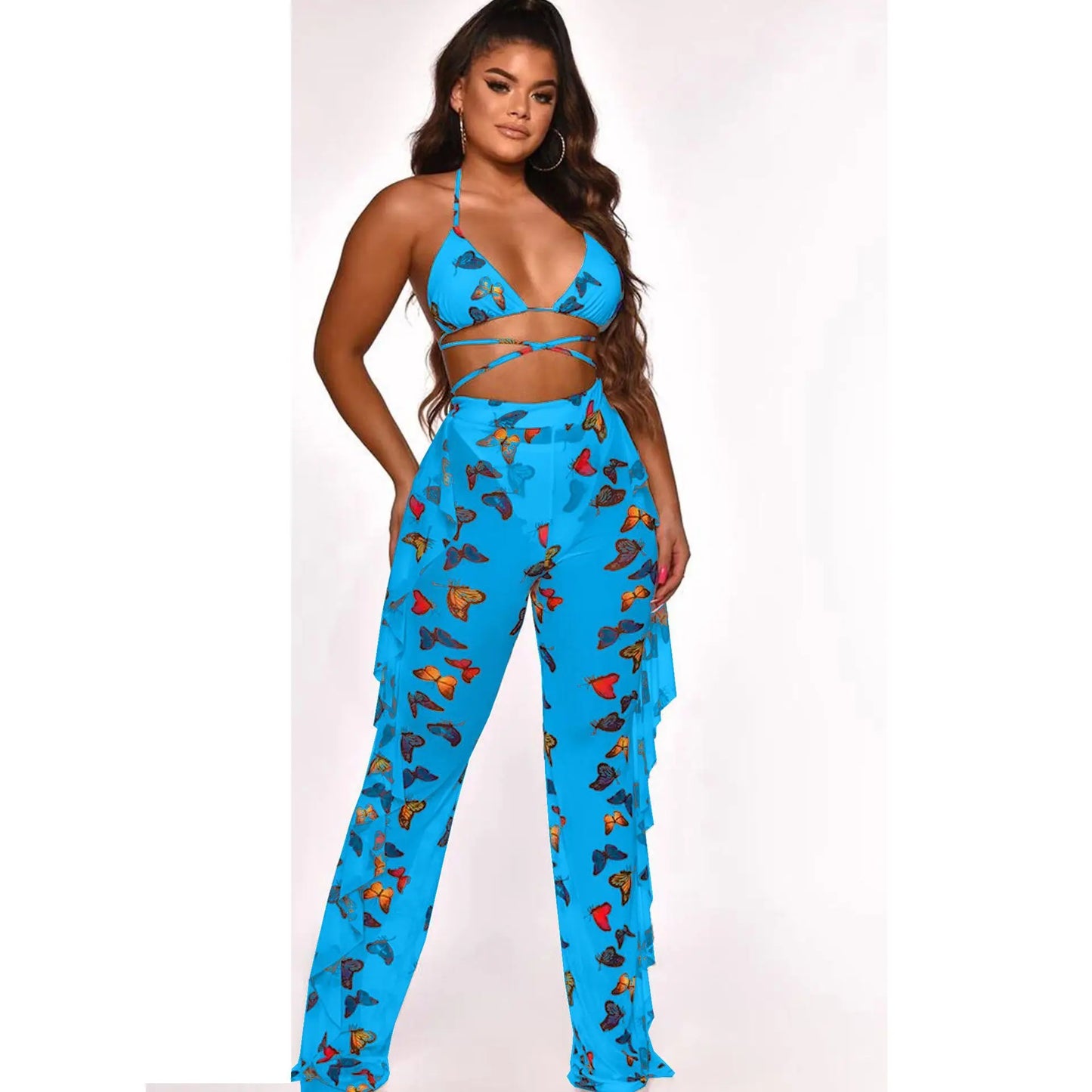 Bra+tassel Pants Suit  2 Piece Set Women Hot Pink Swimsuit Mesh Bathing Suit Sexy Matching Swimwear Viquinis Mujer 2022