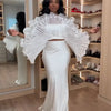 White Pleated Ruffle Crop Top Women Oversized Fan Sleeve Stand Collar Elegant Formal Evening Party Blouse