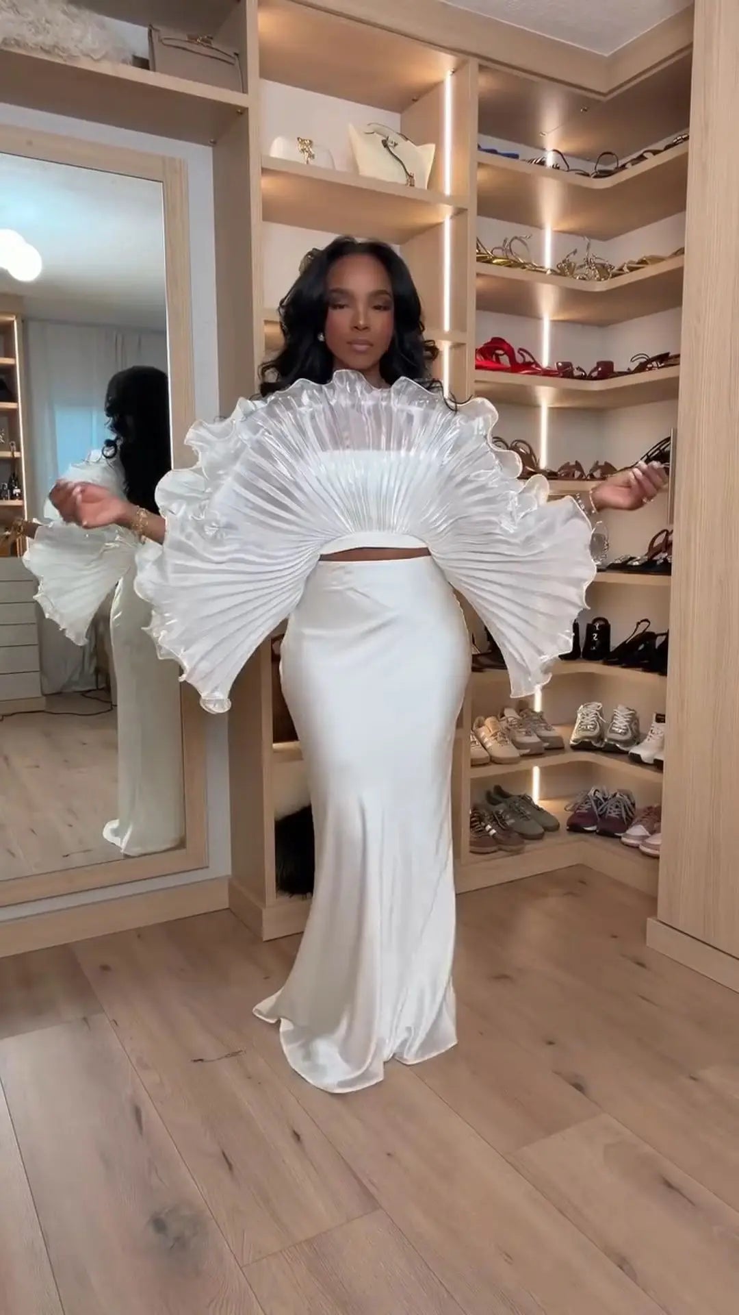 White Pleated Ruffle Crop Top Women Oversized Fan Sleeve Stand Collar Elegant Formal Evening Party Blouse