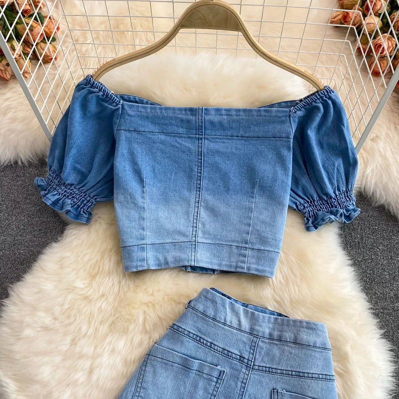 Women Denim 2 Piece Sets Long Skirt Top Suit Skirts Tops Single Breasted Outfits Washed Distressed 2025 Summer Casual Ensemble