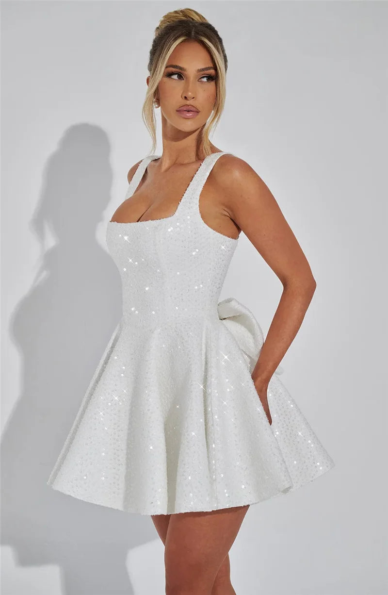 Mozision Pailletten-Kleid mit Schleife am Rücken, rückenfrei, sexy Mini-Kleid für Damen, modisches Etuikleid mit eckigem Ausschnitt, ärmellos, hohe Taille, A-Linie, Clubkleid