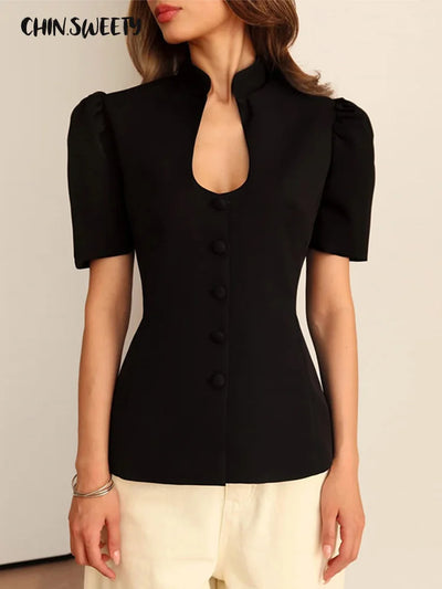 Fashion Women's Stand Collar Blazer Short Sleeve Button Puff Sleeves Solid Lady Top 2025 Summer Autumn Elegant Female Coat