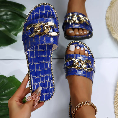 Damen Hausschuhe Mode Sexy Kettenschloss Einfarbig Übergröße Sandalen Neuer Stil Römerstil Flache Hausschuhe Outdoor Slides Damen