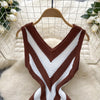 Joskaa 2025 Women's Striped Patchwork Knitted V-Neck Sleeveless Bodycon Asymmetric Fringe Hem Dress Holiday Beach Streetwear