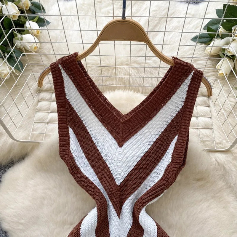 Joskaa 2025 Women's Striped Patchwork Knitted V-Neck Sleeveless Bodycon Asymmetric Fringe Hem Dress Holiday Beach Streetwear