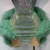 Women Sexy Strapless Backless Green Diamonds Mesh Dress Birthday Party Costume Bar Nightclub Singer Stage Performance Outfit