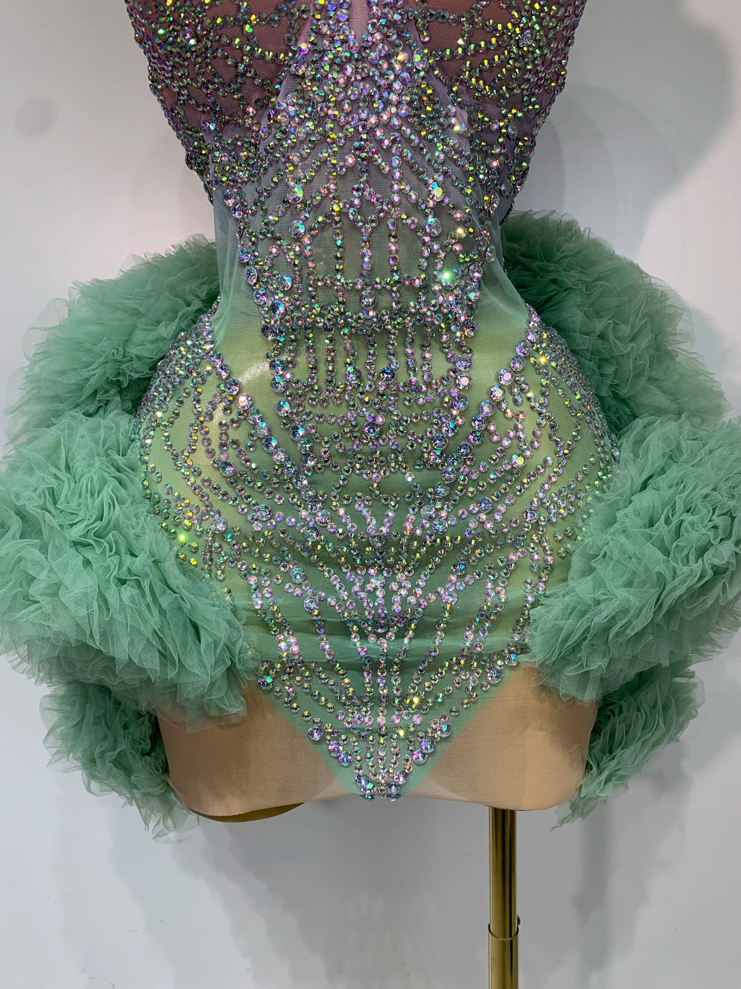 Women Sexy Strapless Backless Green Diamonds Mesh Dress Birthday Party Costume Bar Nightclub Singer Stage Performance Outfit