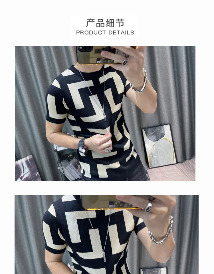 Luxury Men Autumn Knitted Tshirt 2024 Korean O-neck Short Sleeve Top Tees Streetwear Male Social Club Slim Fit Casual T-Shirt