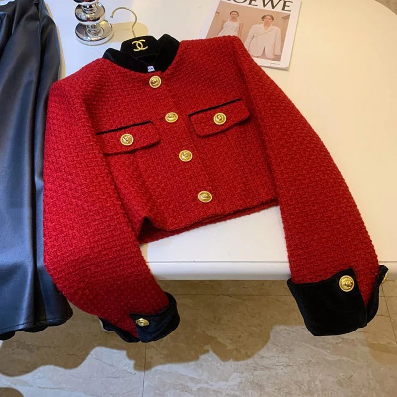 Fashion Stitching Tweed Short Jacket Women Autumn Winter Elegant Office Lady Coat Y2K Korean O Neck Single Breasted Crop Outwear