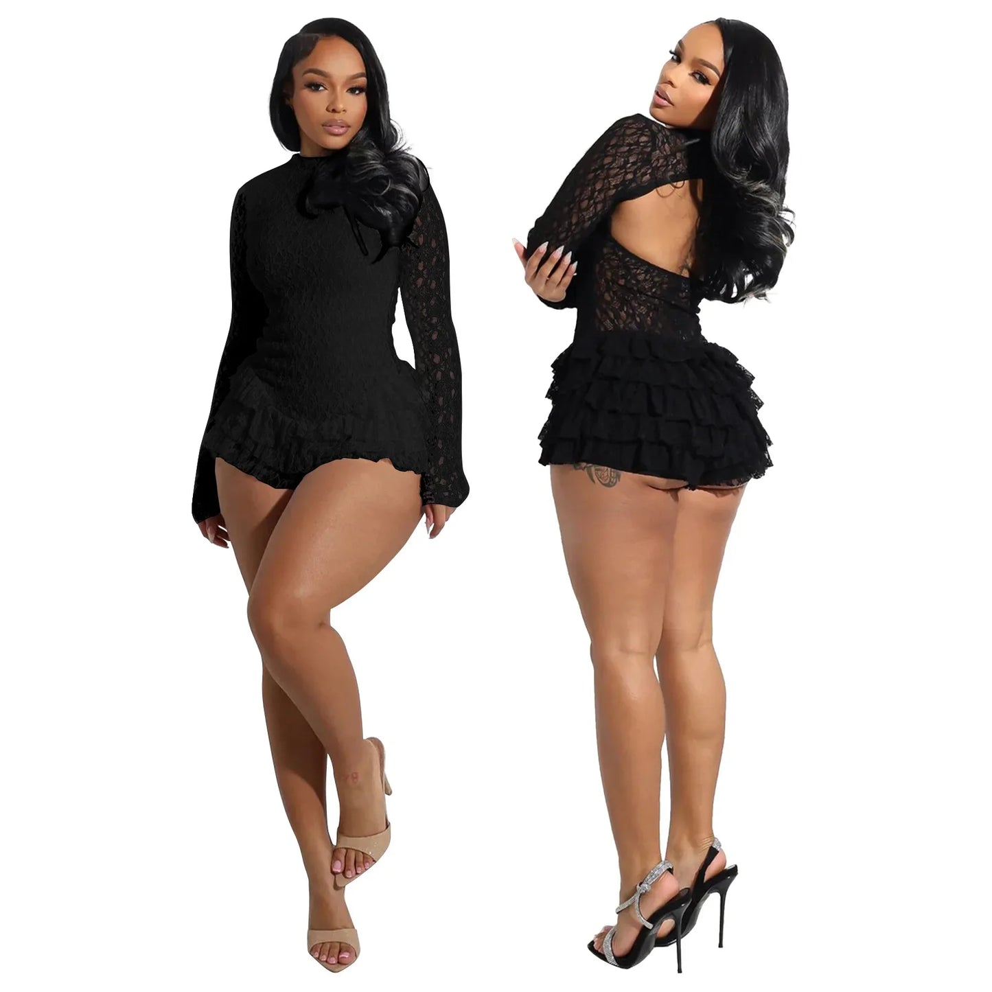 BWQ Women Long Sleeve Lace Ruffles Ruched High Waist Short Jumpsuit Streetwear Backless Street One Piece Romper Playsuit