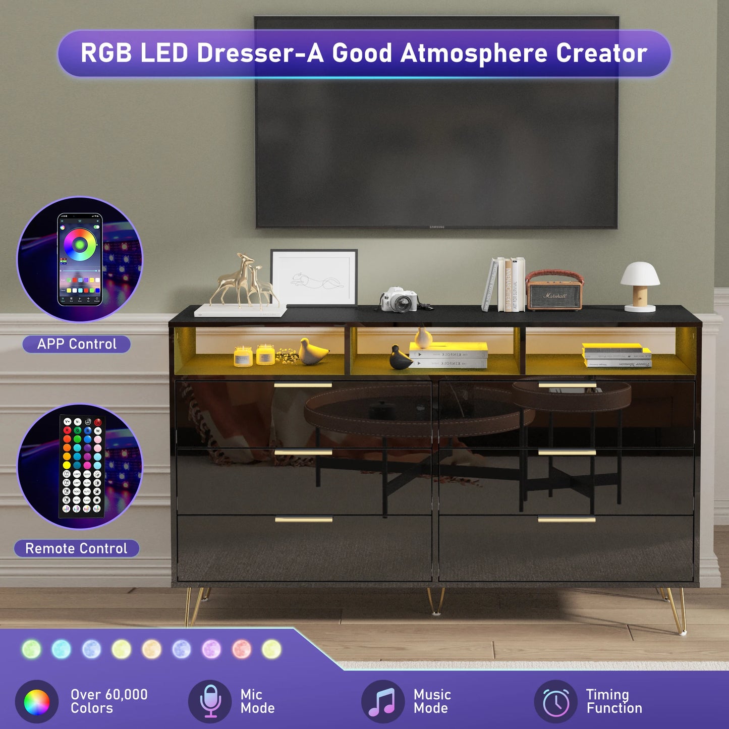 Kommode mit 6 Schubladen für Schlafzimmer mit LED-Beleuchtung, Hochglanz-Kommode mit Metallfüßen, moderner Holzschrank-Aufbewahrungsorganisator