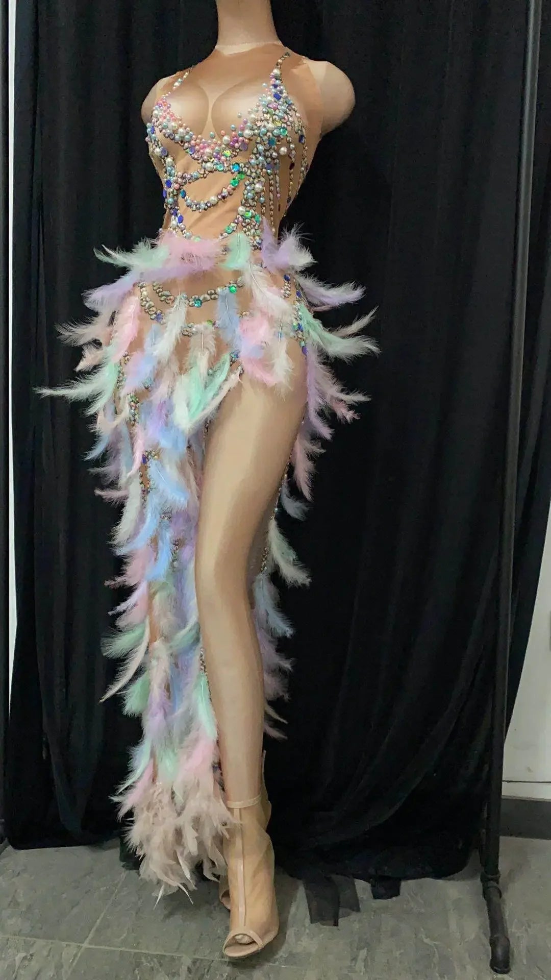 Nightclub Party Celebration Sexy Feather Rhinestone Dress Women Elastic Sleeveless Prom High Slit Dress Stage Performance Outfit