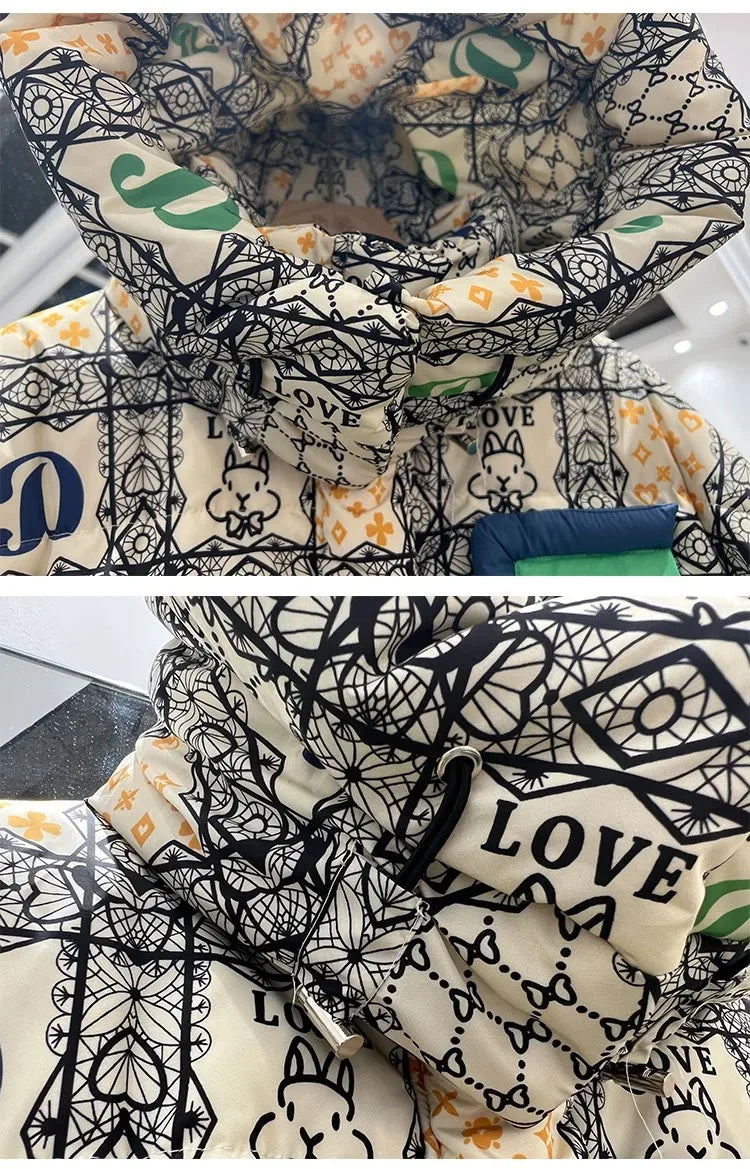 2023 Europäische Station Winter Neue Daunenjacke Damen Warm Mode Kurze Farb-Patchwork Graffiti dicke Weiße Entendaunenjacke