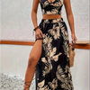 Ärmelloses Damenkleid mit tiefem V-Ausschnitt, bedruckt, hohe Schlitze, sexy Kleider, trendiger Halb-Rock, Damen-Set, leichtes, elegantes Sommer-Set