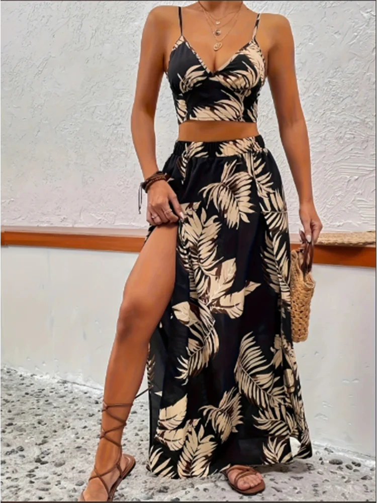 Ärmelloses Damenkleid mit tiefem V-Ausschnitt, bedruckt, hohe Schlitze, sexy Kleider, trendiger Halb-Rock, Damen-Set, leichtes, elegantes Sommer-Set